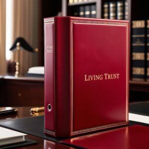 A bound Living Trust portfolio on an attorney's desk